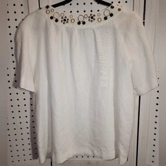JM Collection Size 14 Linen Embellished Open Front White Short Sleeve - Picture 5 of 5